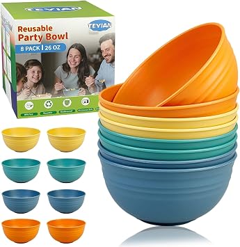 8Pcs Plastic Bowl Sets 26 OZ Unbreakable Reusable Serving Bowls Cereal Bowls Soup Bowl Microwave and Dishwasher Safe, 4 Colour