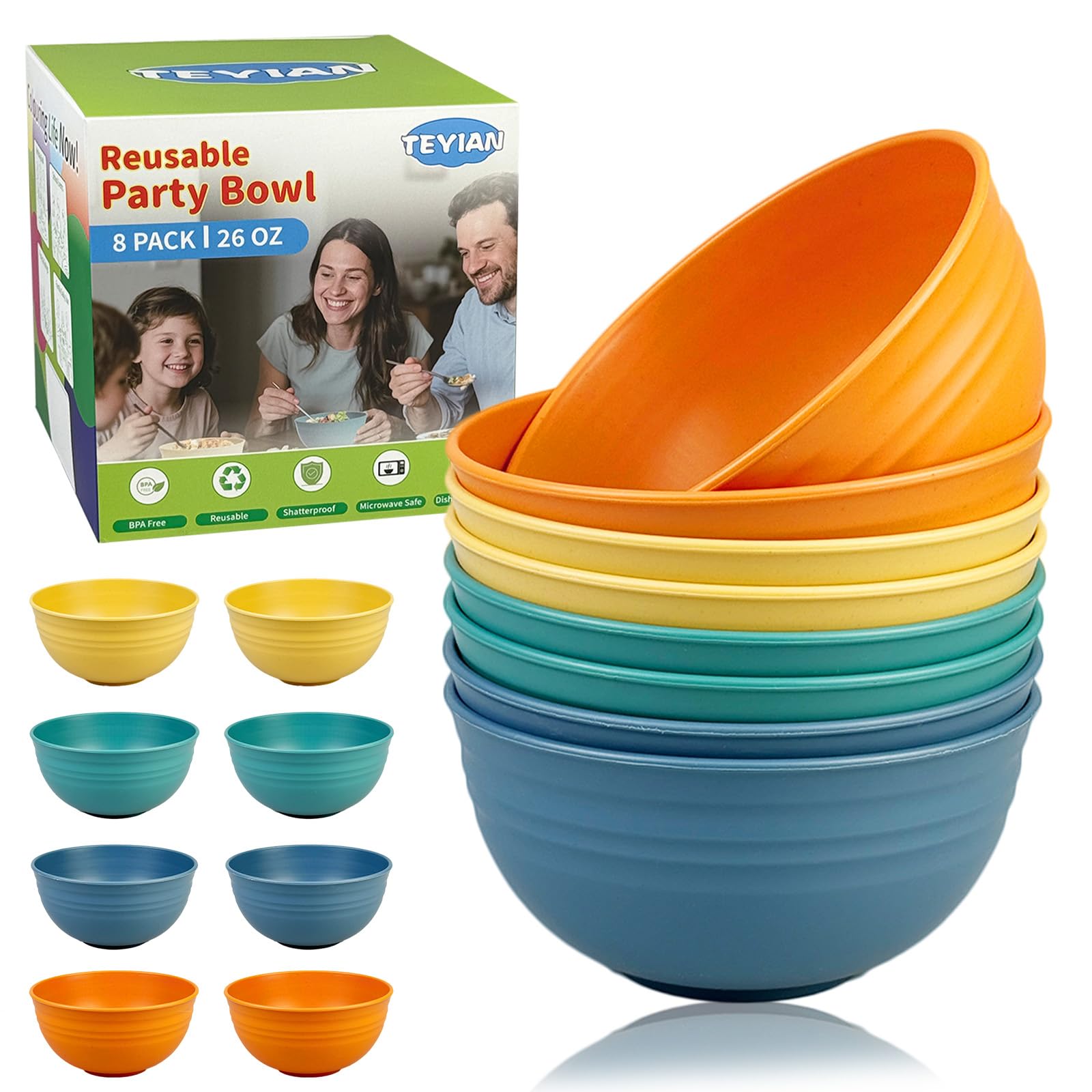 Teyian 8Pcs Plastic Bowl Sets 26 OZ Unbreakable Reusable Serving Bowls Cereal Bowls Soup Bowl Microwave and Dishwasher Safe, 4 Colour