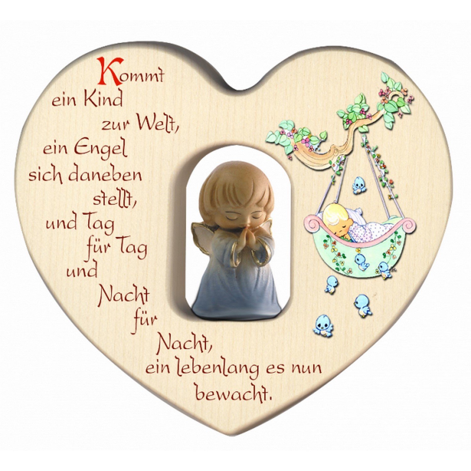 MaMeMi Herz aus Holz mit Schutzengel in HELLBLAU für Jungen mit SEGENSSPRUCH zur Geburt oder Taufe Wanddeko fürs KINDERZIMMER gefertigt in SÜDTIROL