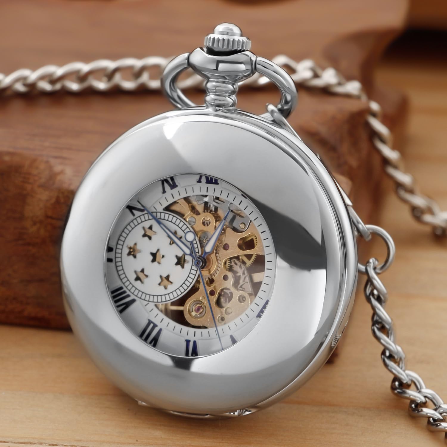 Orologio da tasca meccanico classico, in argento, con numeri romani, orologio da tasca in argento con scatola a catena, per uomo