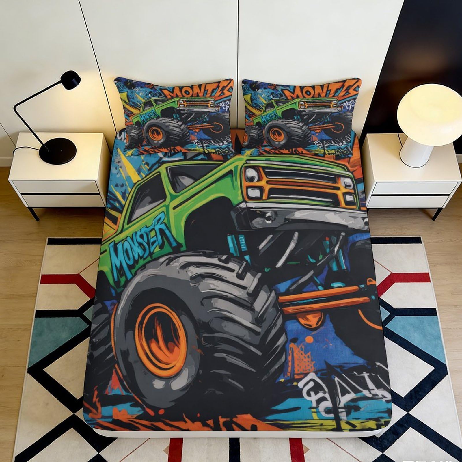 Uynsixtme Style-10 3D Printed Monster Truck Fitted Sheet Microfiber Non-Slip Deep Pocket Monster Truck Mattress Fitted Cover Soft Breathable For Bedding 200X200x25cm