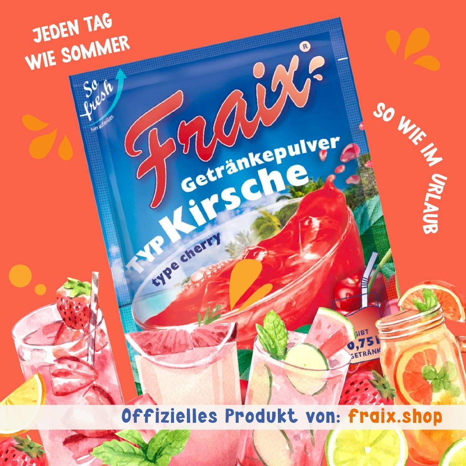 FRAIX Proszek do napojów, wiśnia, opakowanie 100 sztuk (100 x 100 g), proszek owocowy o smaku wiśni, idealny w podróży, na przyjęcie urodzinowe