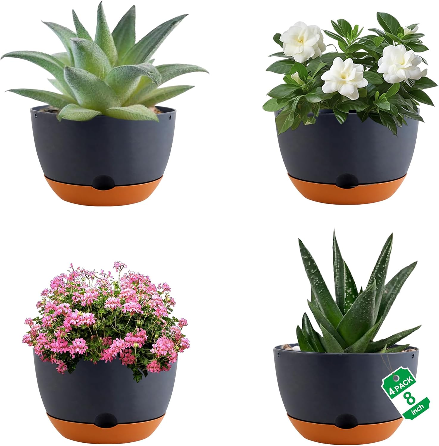 Nooulap 4 Pack Self Watering Pots for Indoor,8 Inch Plant Pot Outdoor Plastic Flower Pot with Drainage and Saucers(Grey)