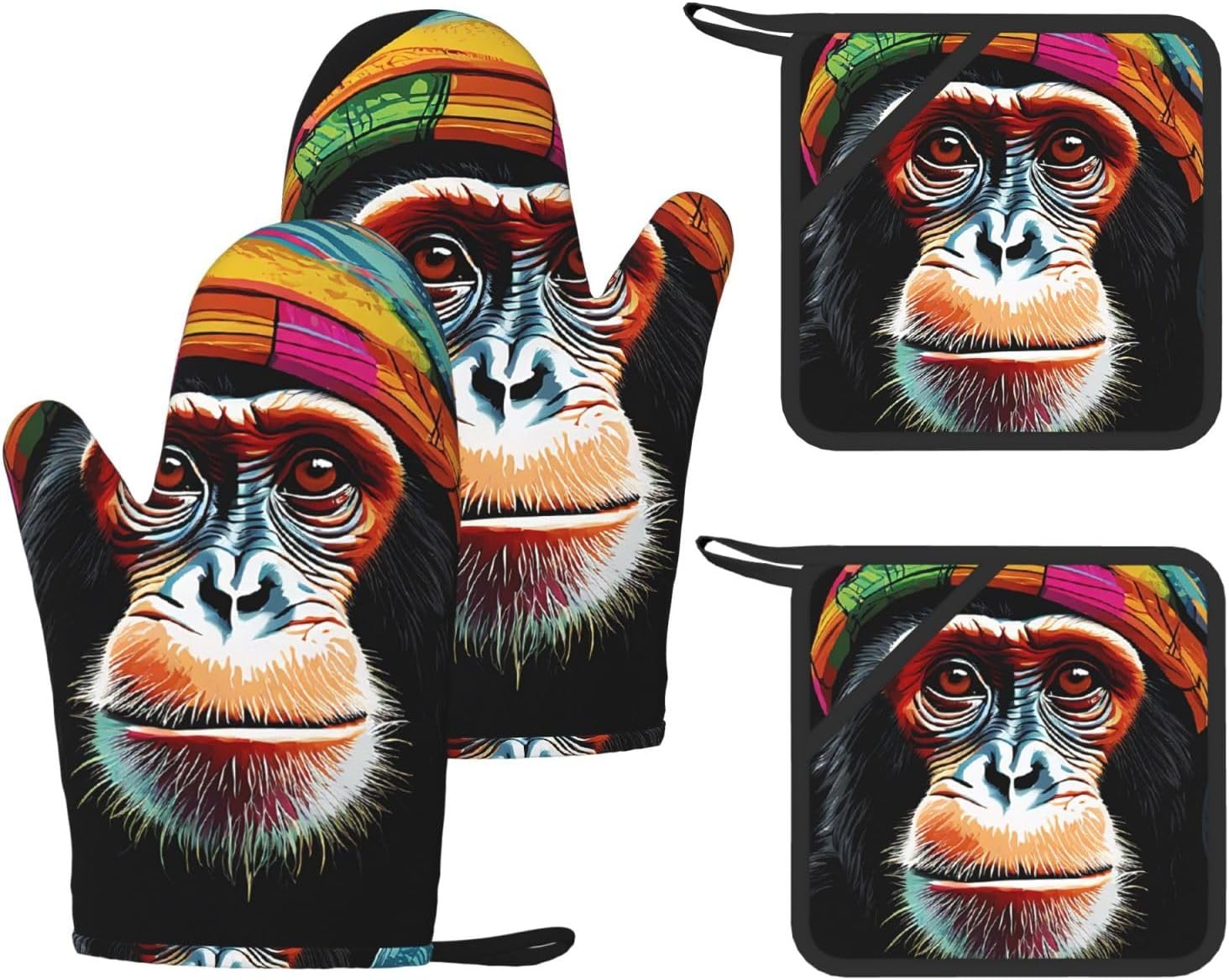 Monkey Oven Mitts and Pot Holders Set of 4 Heat Resistant Kitchen Gloves with Silicone Palm Hot Pads for Baking Cooking Grilling BBQ