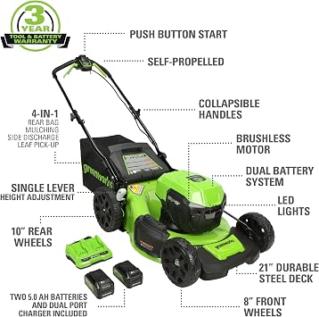 Greenworks 48V (24V x 2) High - Performance Cordless Yard Tool Combo: 21 self propelled lawn mower, 12 Trimmer & Blower, with 3 Batteries & 2 Chargers