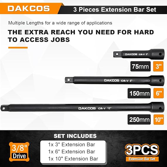 DAKCOS 3pcs 3/8 Drive Impact Extension Bar Set 3-6-10 Socket Extensions