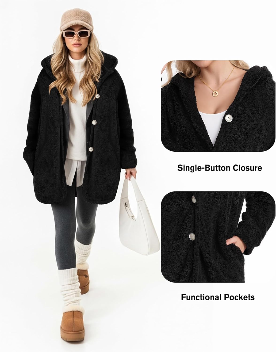 MANGOPOP Womens Fleece Jacket 2025 Winter Oversized Fuzzy Hooded Coat Button Cardigan Sherpa Sweaters Outerwear with Pockets - Image 5
