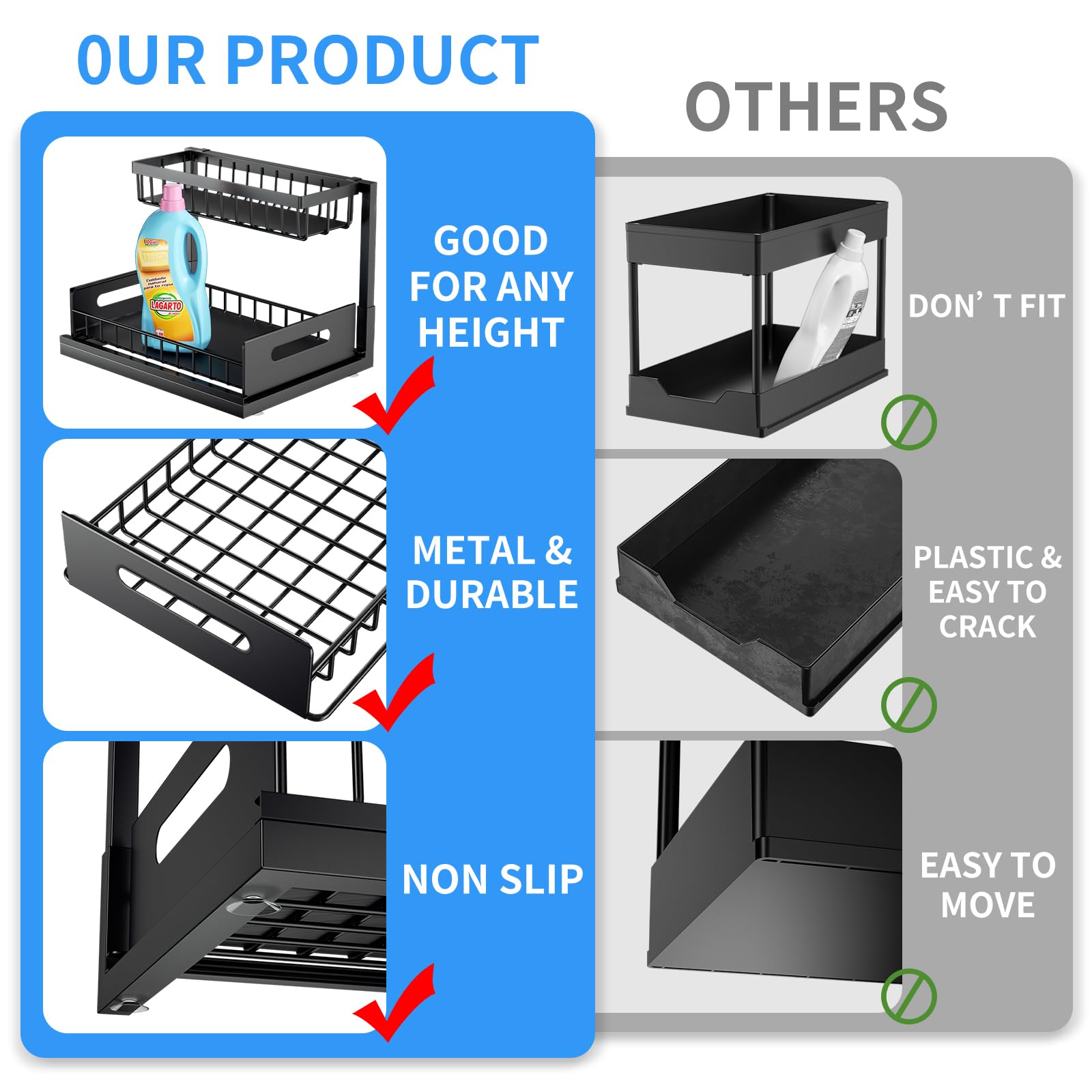 NUOXI Under Sink Organizer, Pull Out Cabinet Organizer 2-Tier Slide Out Sink Shelf Under Cabinet Storage Multi-Use for Under Kitchen Bathroom Sink Organizers and Storage, Black