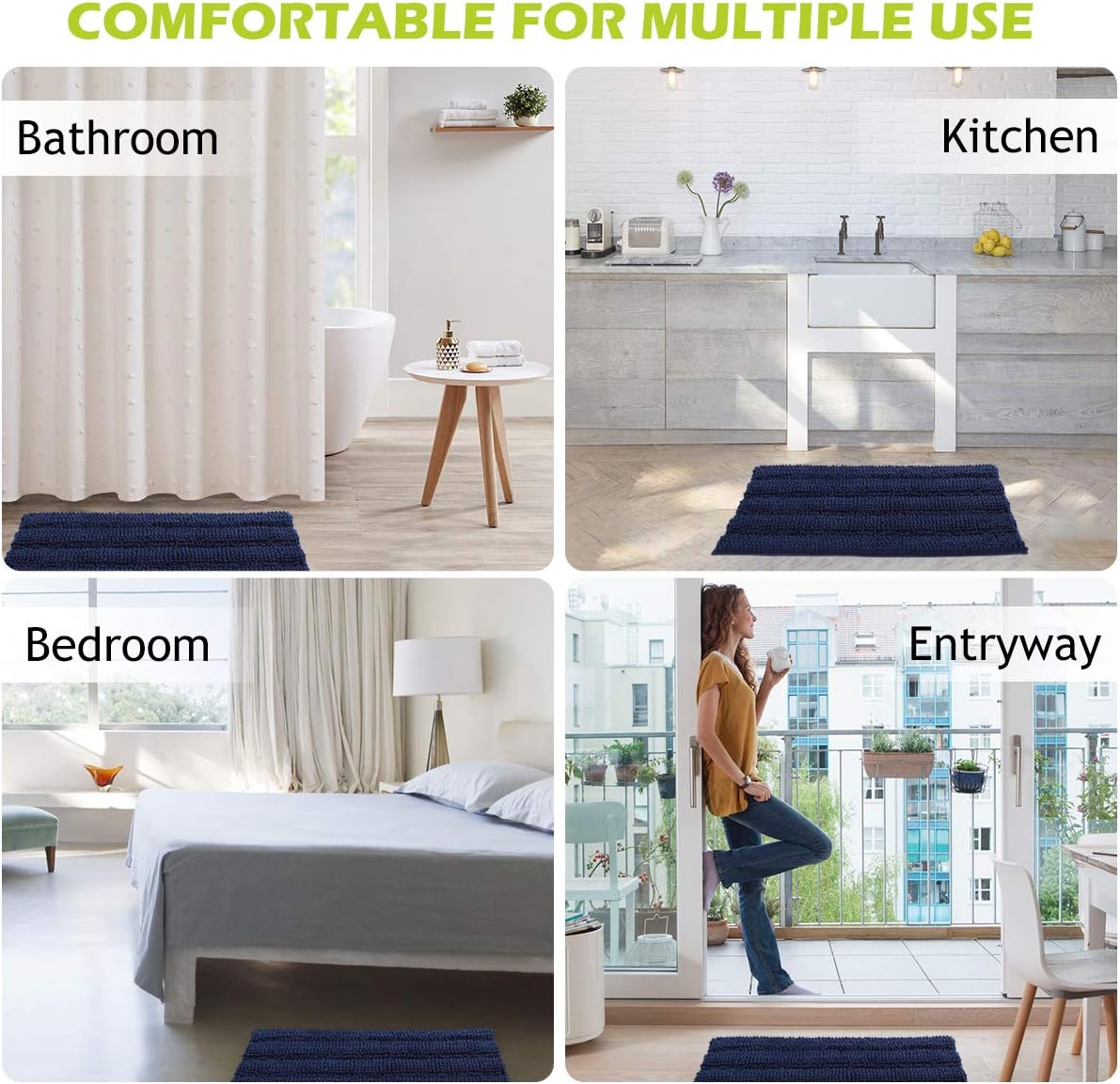 KGORGE Bath Mat for Bathroom - Soft Shower Rug 60 x 24 Quick Drying Washable Absorbent Non-Slip Super Soft Chenile Bathtub Carpet Decorations for Family, Navy Blue, 1 Piece