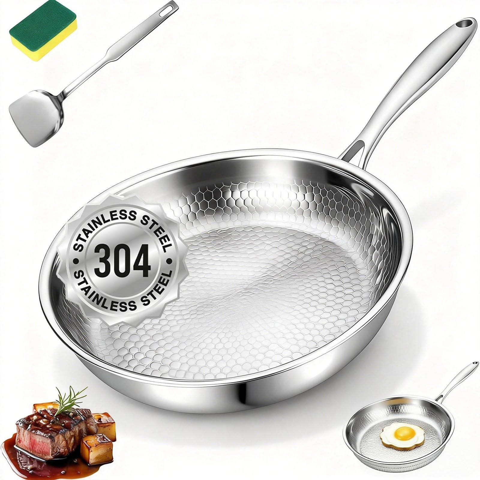 Mireve Sarten Acero 304, Mireve Sarten Titanio Puro, Sartén De Titanio Martillado, Resistente, Antiadherente, Apta Para Lavavajillas, Incluye Tapa Y Compatible Con Todas Las Placas (Sin Tapa, 22cm)