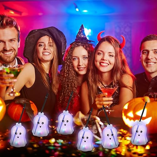 Miniatura 5 de Zubebe 6 tazas con forma de fantasma de Halloween que brillan en la oscuridad con tapa de pajilla, 3 modos de luz coloridos, reutilizables,