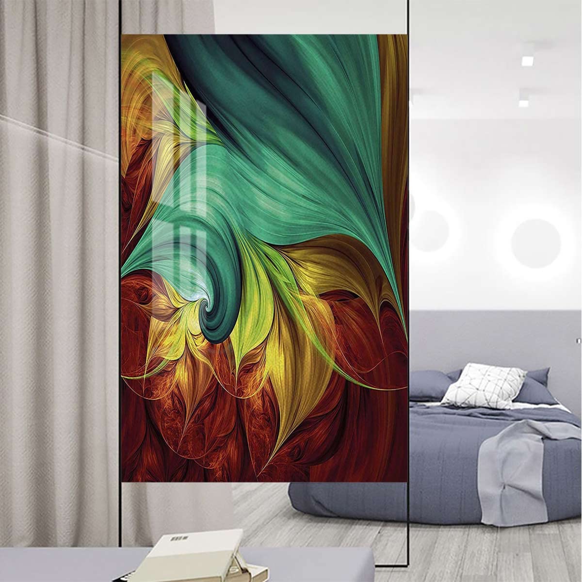 Teal Yellow Ruby Window Film No Glue Privacy Glass Film Color Tones with Artistic Abstract Dynamic Window Film Non-Adhesive Frosting Privacy Film Fractal 17.7Wx23.6L-inch