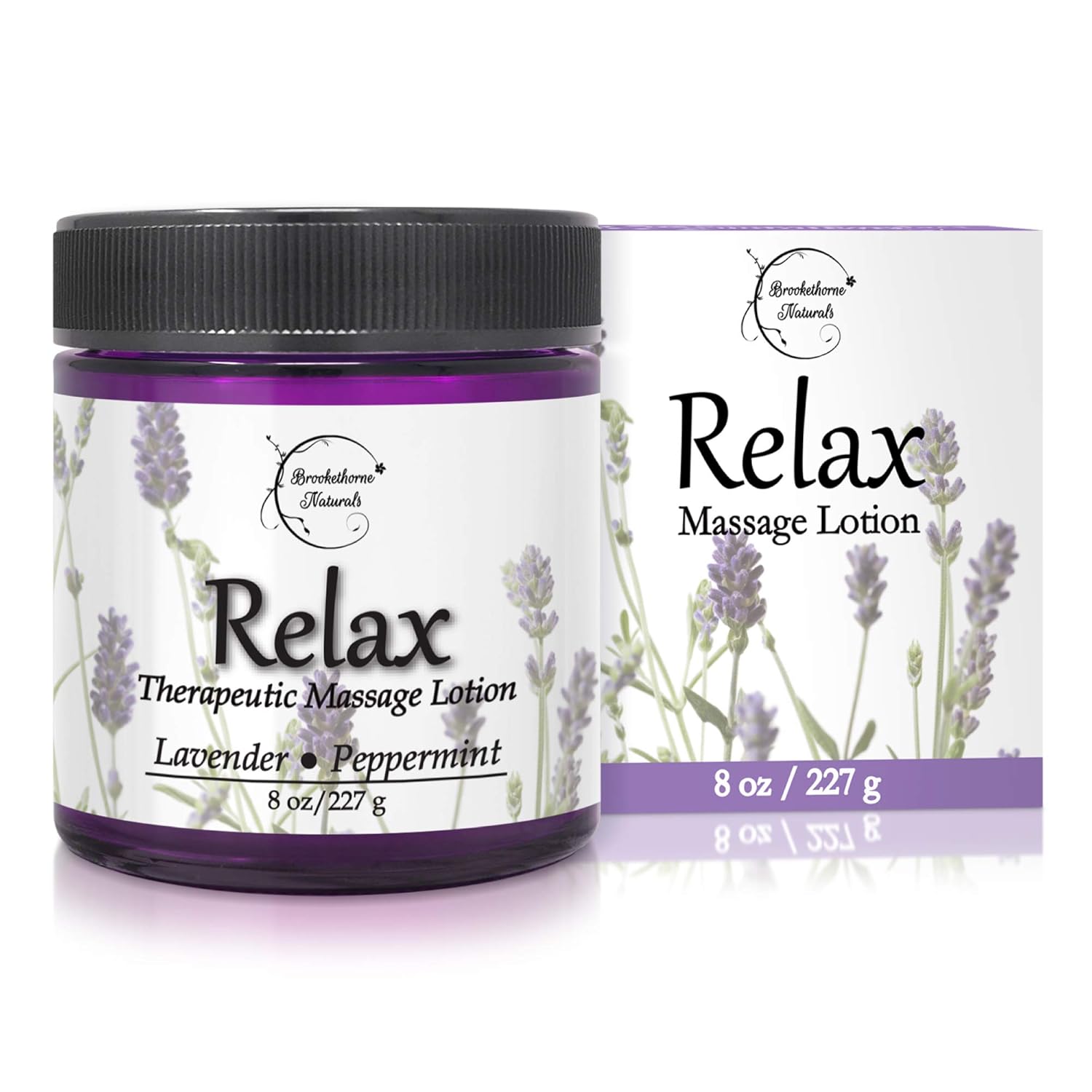 Relax Therapeutic Massage Lotion – All Natural Enriched with Lavender & Peppermint Essential Oils Perfect for Massage Therapy – Massage Cream for Full Body Massage – Brookethorne Naturals 8oz