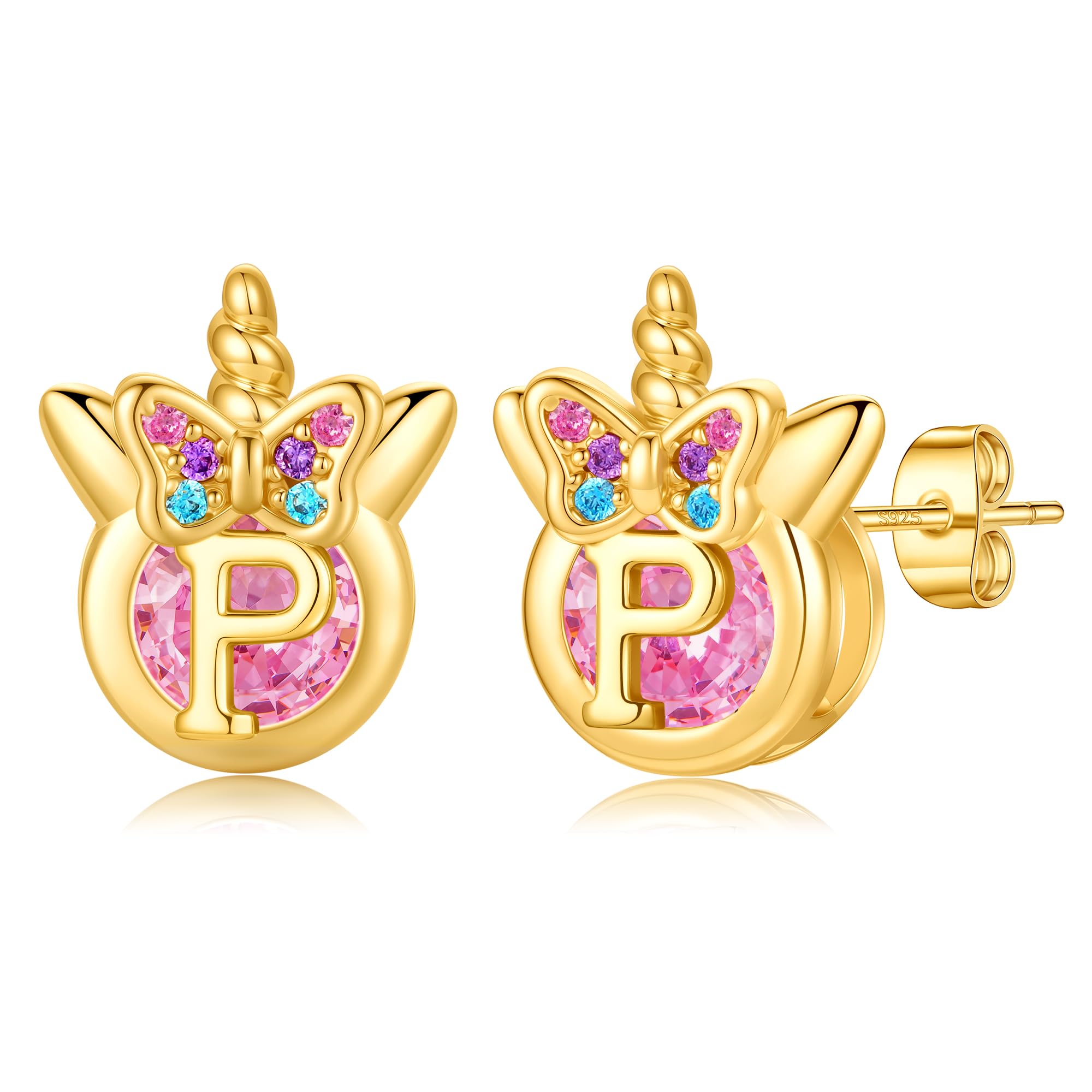 TINGN Einhorn Ohrringe für Mädchen Geschenke - Hypoallergene Bunte Regenbogen Rosa Zirkonia Buchstaben Ohrstecker Blumen Schmetterling Silber 925 Ohrringe Kinder Schmuck Geschenke für Mädchen Tochter