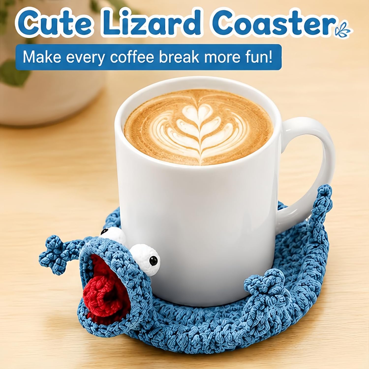 Crochet Lizard Coaster, Green 3D Handmade Animal Cup Mat, Interactive Knit Mug Rug for Coffee Tea Desk Decor, Surface Protection, for Animal Lovers