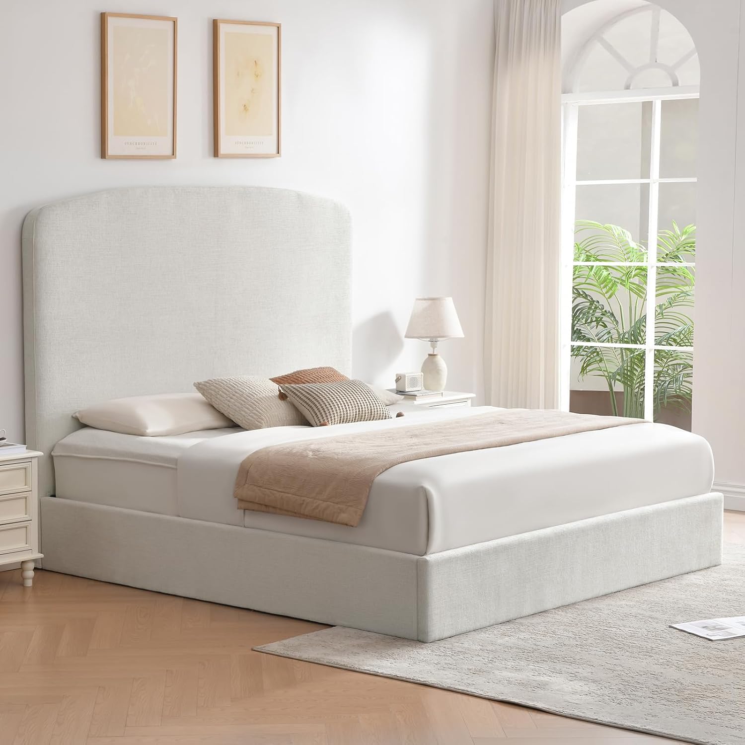 VELOCAVA King Size Lift Up Storage Bed Frame with 63" Tall Headboard, Upholstered Platform Bed with Storage Underneath, Removable Linen-Look Headboard Cover, No Box Spring Needed, Cream White