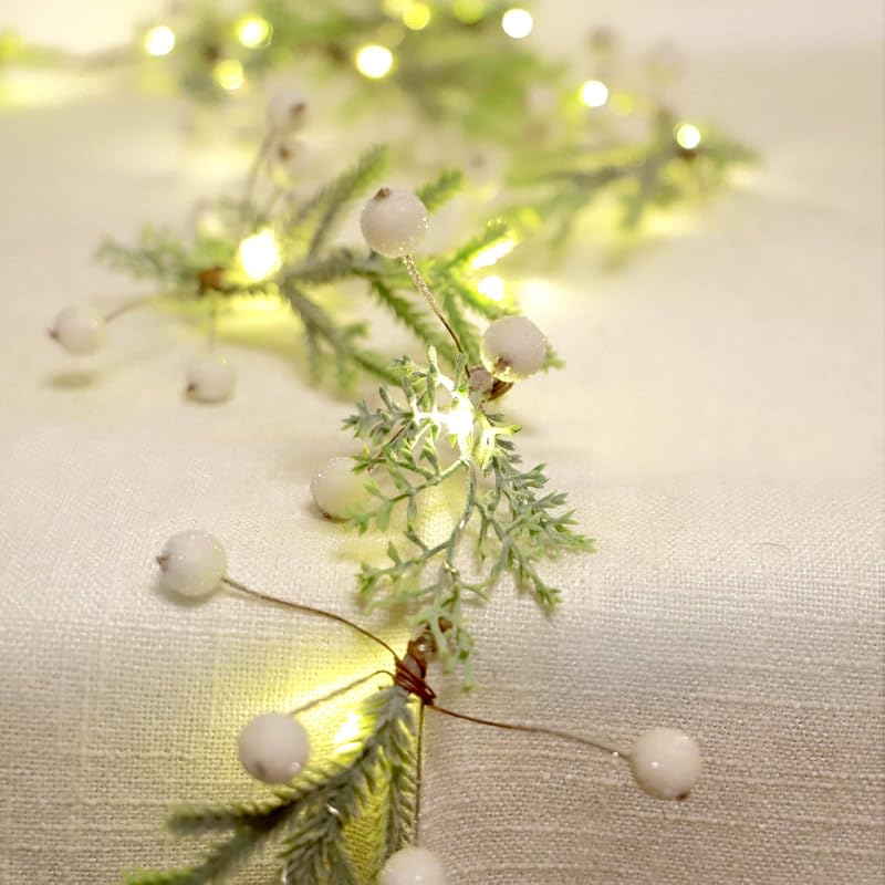 Norfolk Pine String Lights & White Berry 6.5FT & 25LEDs Delicate Christmas Garland with Lights Battery Operated with Remote Ideal for Indoor & Outdoor Decorations Petite Christmas Garland for Mantle