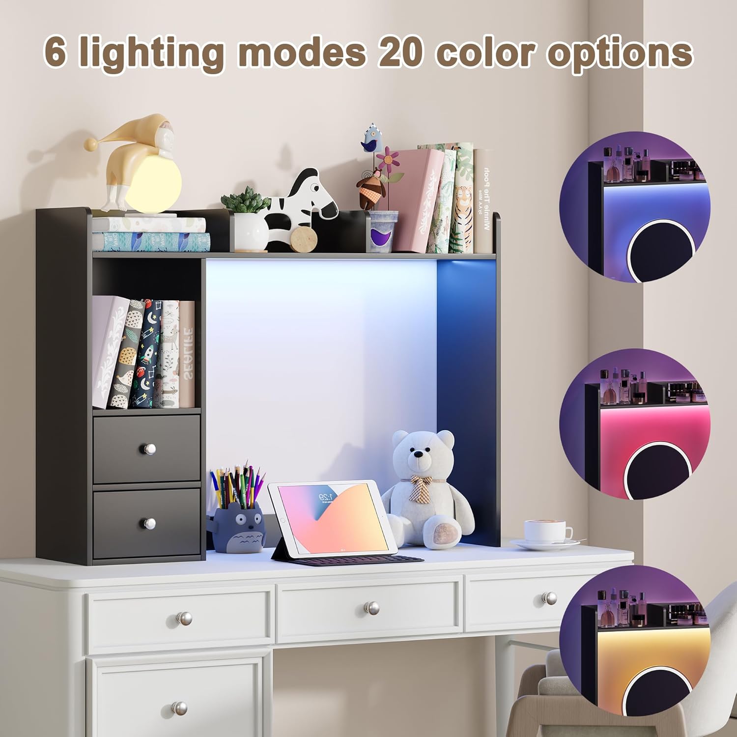 ChooChoo Desktop Bookshelf with LED Lights, 36.6" Dorm Desk Hutch with 4 Shelves and 2 Drawers, Fits 27" Monitor, Desk Organizer Shelf for Dorm Office Home, Black thumbnail