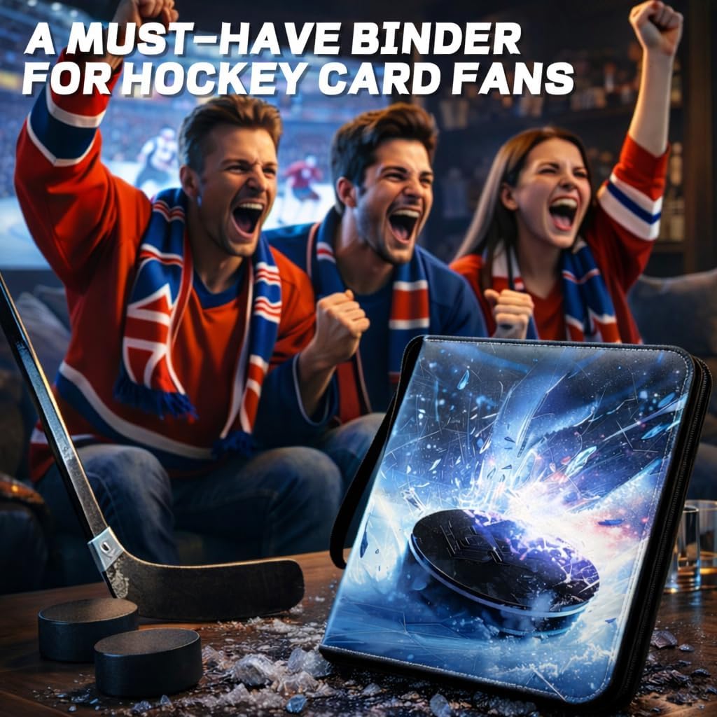 Hockey Card Binder with Sleeves, 9-Pocket Portable Card Protectors Album Holder Book with Zipper, Fits 900 Cards with 50 Removable Sleeves, Hockey Cards Display Storage Carrying Case