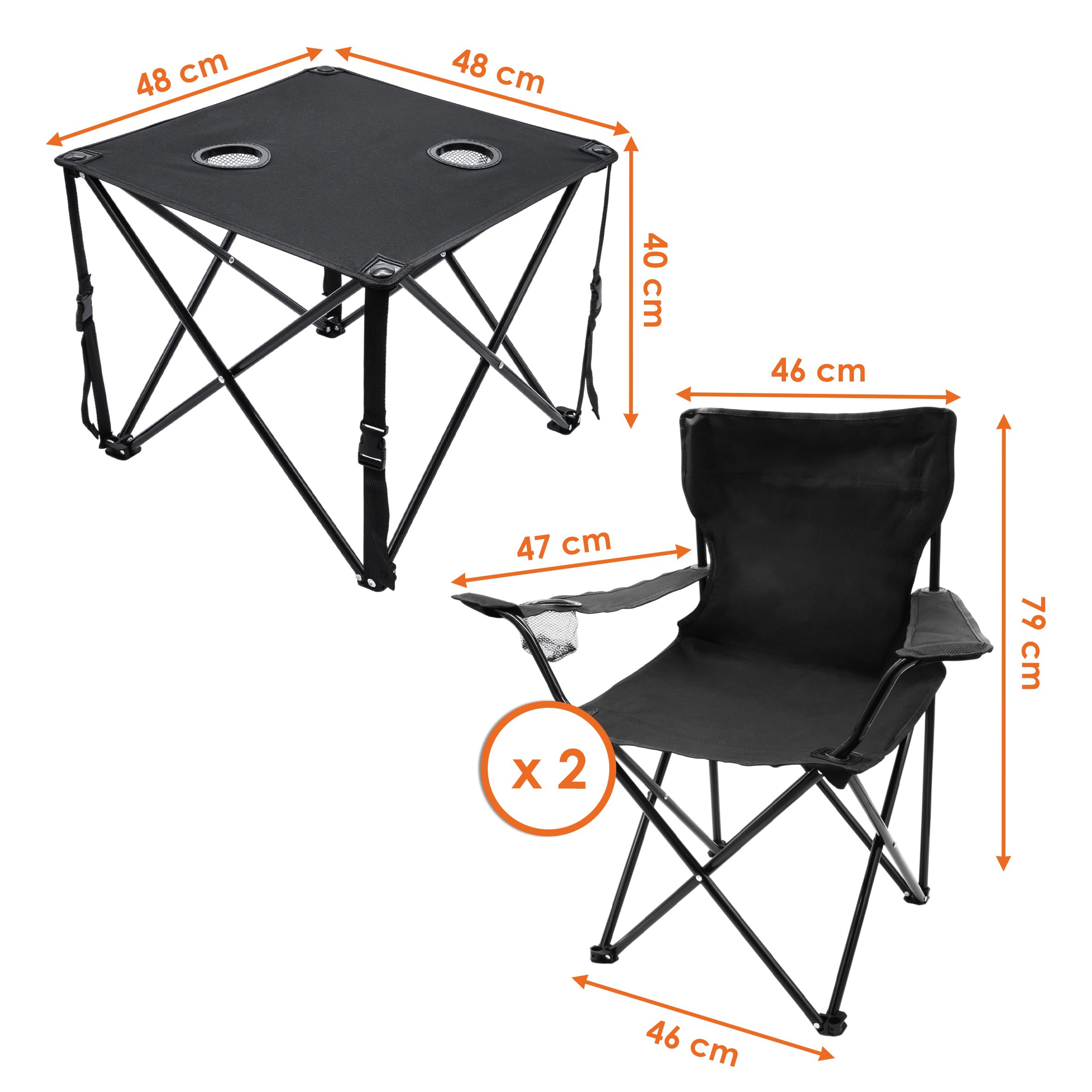 Spetebo Salon de camping noir 1 table + 2 chaises avec supports pour boissons intégrés – 3 pièces – Ensemble de table de jardin avec chaises pliantes jusqu'à 100 kg – Chaise pliable pour pêcheur