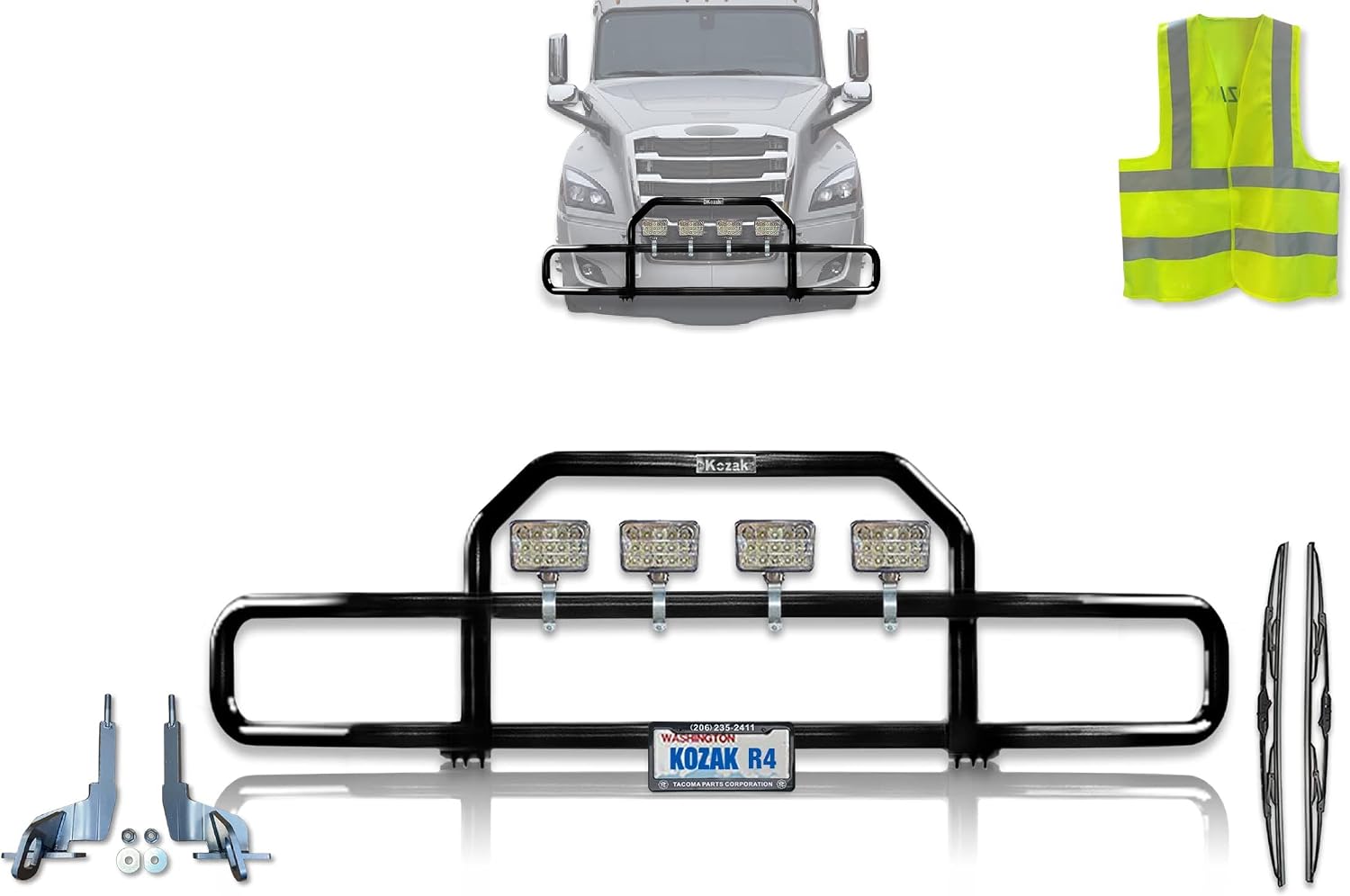 Compatible With Cascadia 2018 and newer Front Grille Deer Moose Brush Bumper Guard with 4x 6" LED Lights Plus Logo, 2X 22'' Wipers, License Plate Holder and Frame and Vest