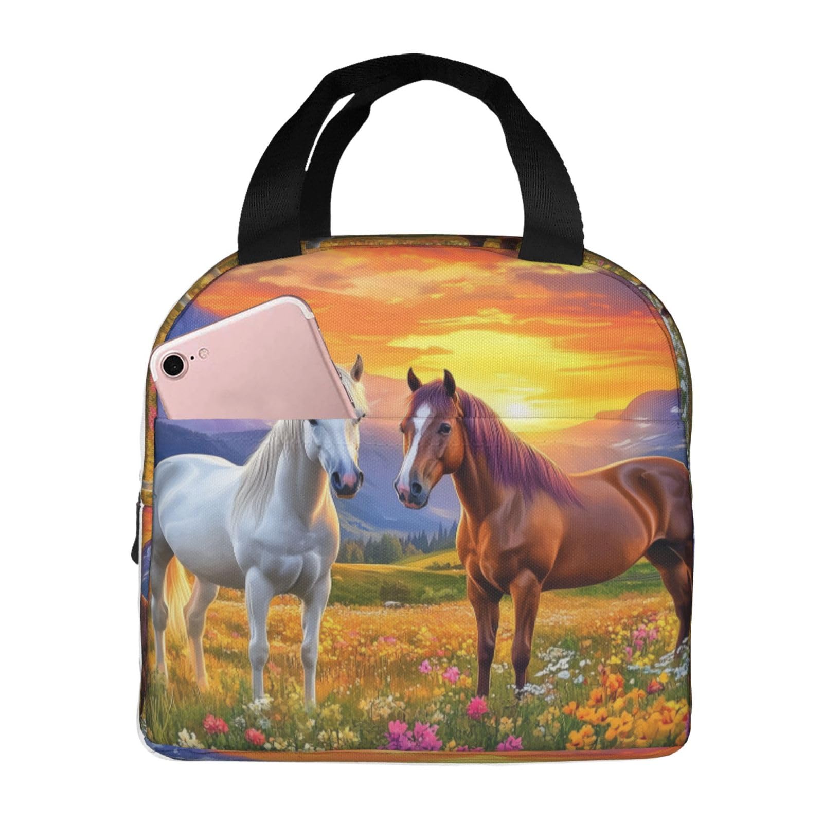 Mexpekil Lunch Bag for Travel Work Picnic, Farm Animal Western Horse Wildflower Farmhouse Country Reusable Bento Box Lunch Tote Bag, Handbags Case High Capacity for Kids and Adults