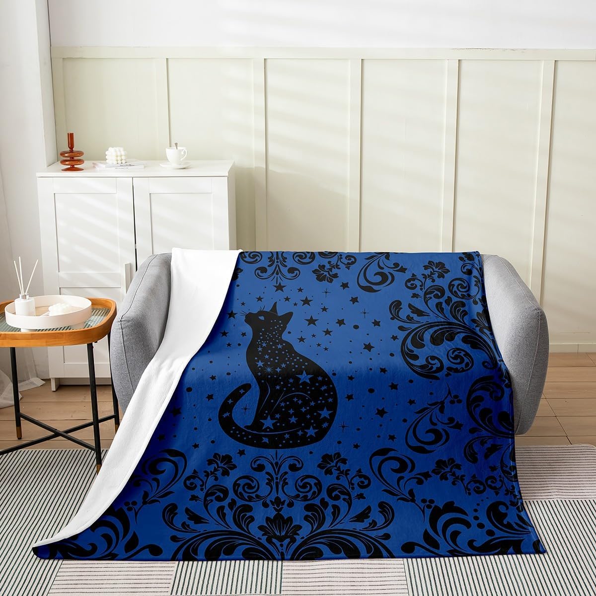 Erosebridal Boys Halloween Cat Fleece Blanket Exotic Damask Floral Gothic Throw Blanket,Goth Animal Blanket Queen 90X90 Stars Moon Bed Blanket for Sofa Bed Couch,Black Blue