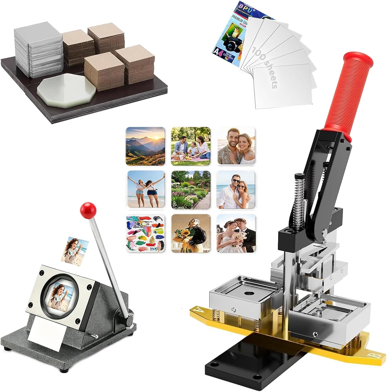 2.5x2.5 Inch Magnet Maker Machine Kit, Refrigerator Magnets Photo Fridge Magnet Press with Paper Cutter, 100 Sets Cardboard Supplies & 100 Photo Papers for DIY Crafts, Small Business