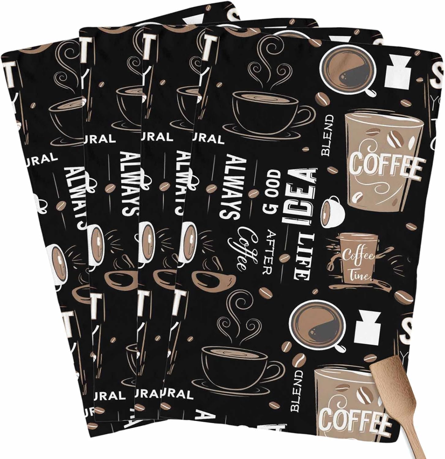 Kitchen Towel Set, Coffee Theme Fast Drying Microfiber Kitchen Towels Dish Cloths, Tea Towels/Bar Towels/Hand Towels Coffee Time Farmhouse Retro Black (Set of 4, 18x28 Inch)
