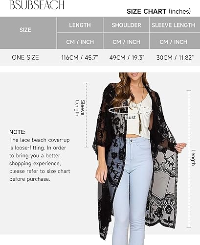 Miniatura 5 de Bsubseach Cárdigan tipo kimono de playa con encaje de malla para mujer, frente abierto, salida de baño