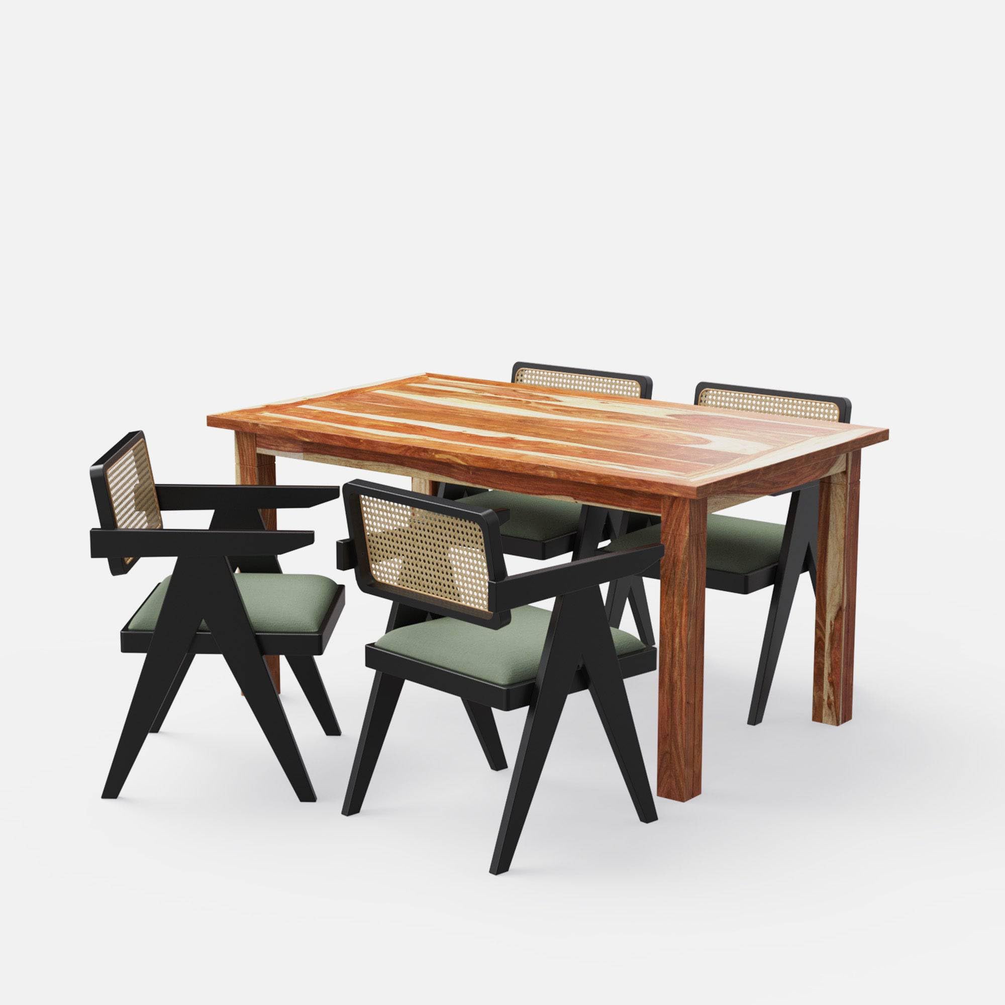 Solid Wood Dining Table Set with Cane Back Chairs, Natural Wood and Black Finish, 4 Seater, 130x90x76 cm Table,-picture-30