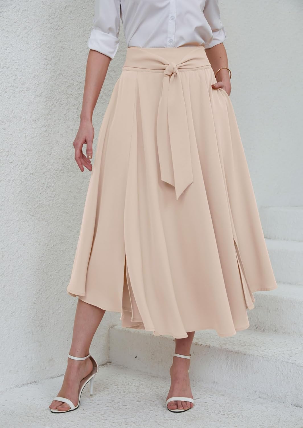 chouyatou Women's Elegant High Waisted Side Slit Irregular Bohemian Maxi Skirt with Pockets