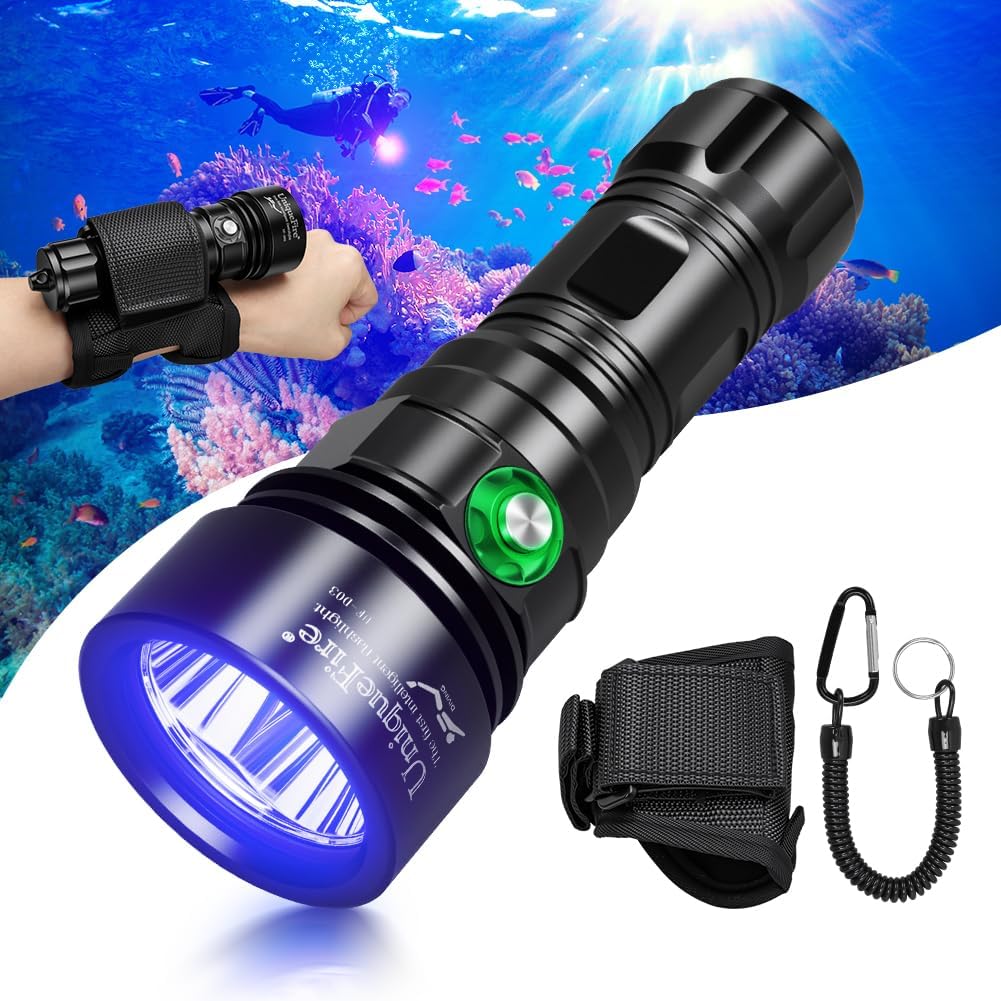 D03 365nm UV Black Light 3LEDs High Power Super Bright Underwater Diving UV Flashlight Rechargeable with 3 Modes Night Dive Torch 150 Meters Submersible Light