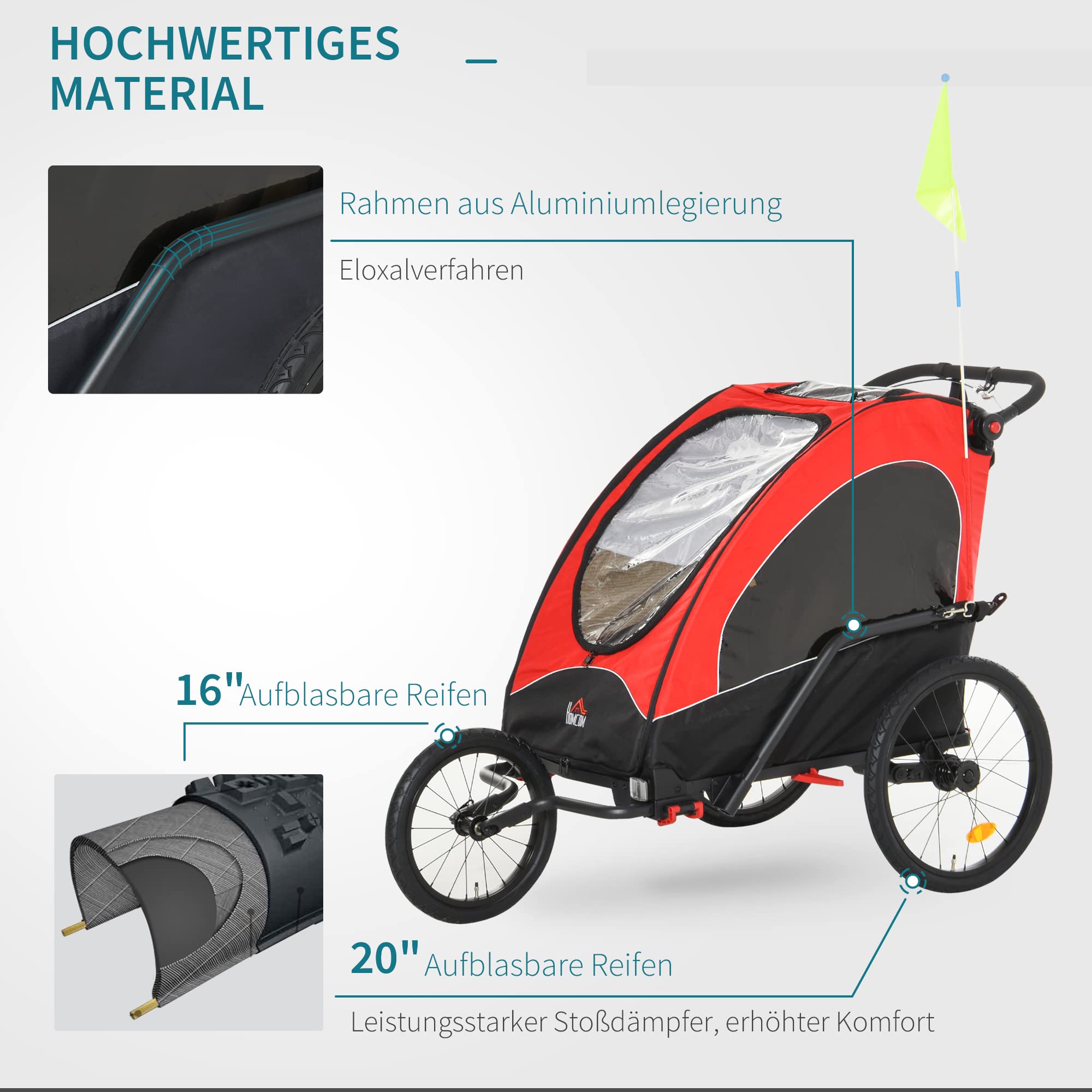 HOMCOM Remolque Infantil 3 en 1 Aluminio niños Jogger Remolque Bicicleta Remolque Bicicleta para 2 niños con Bandera Rojo+Negro 150 x 85 x 107 cm