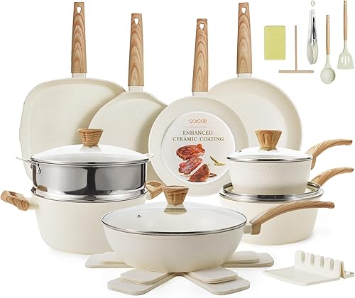 26 piezas de ollas y sartenes de cerámica antiadherentes, juego de utensilios de cocina no tóxico compatible con inducción con vaporeras, sin
