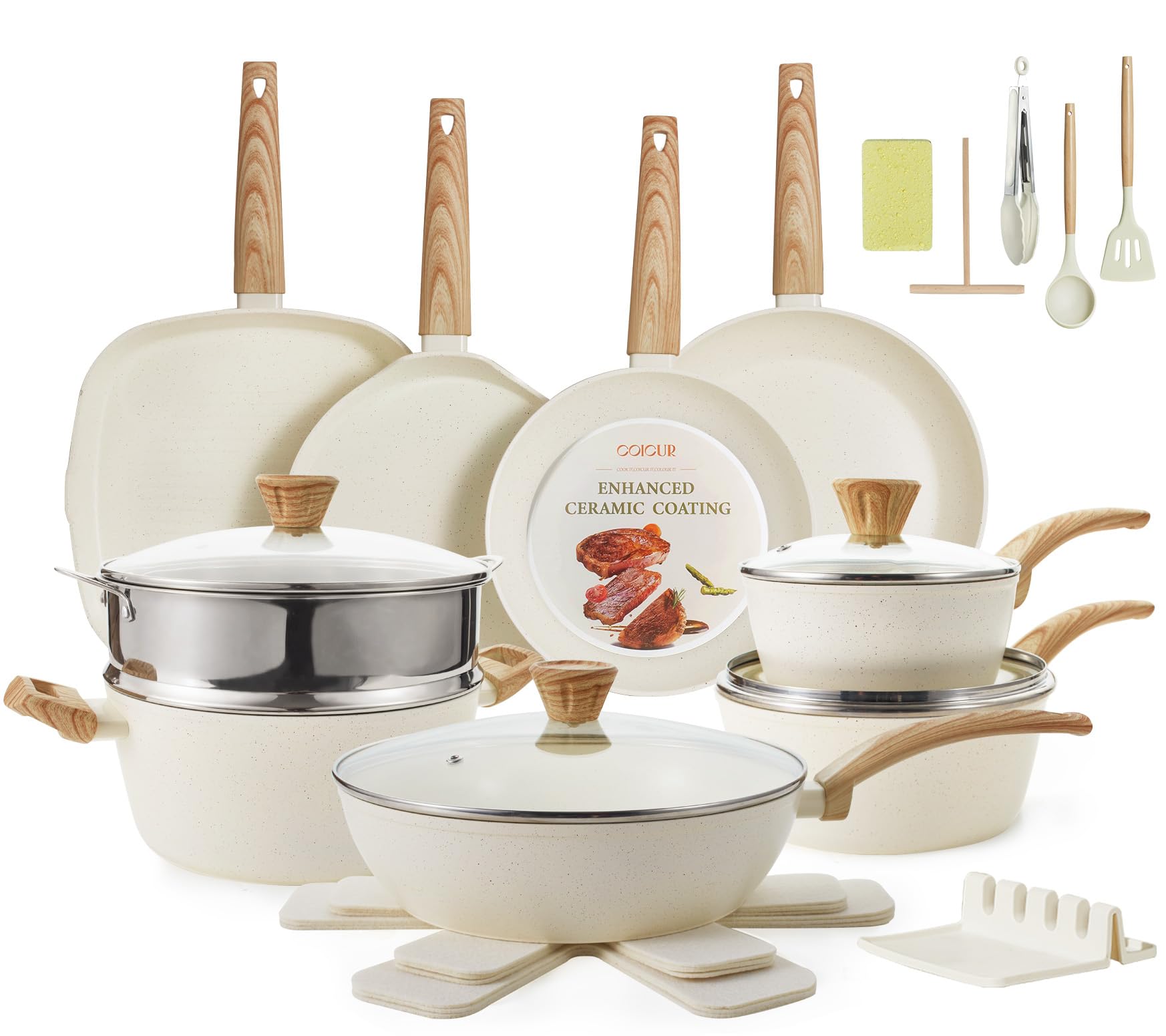 26pcs pots and pans nonstick ceramic cookware set nontoxic kitchen cooking set with steamers utensils induction compatible, pfas/pfoa free, oven and dishwasher safe, cream white
