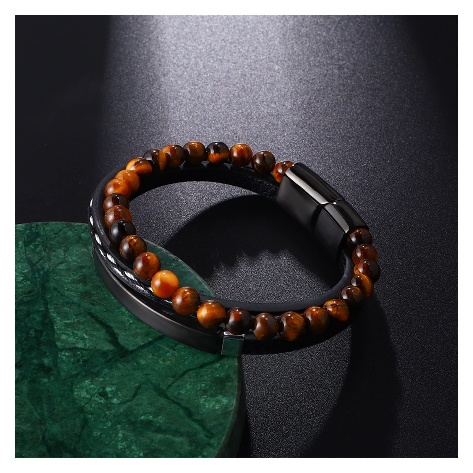 HLTYGWX Pulsera de Cuero grabada para Hombre, Cuentas de Piedra de Ojo de Tigre Amarillo, Regalos de joyería para Novio y Novia