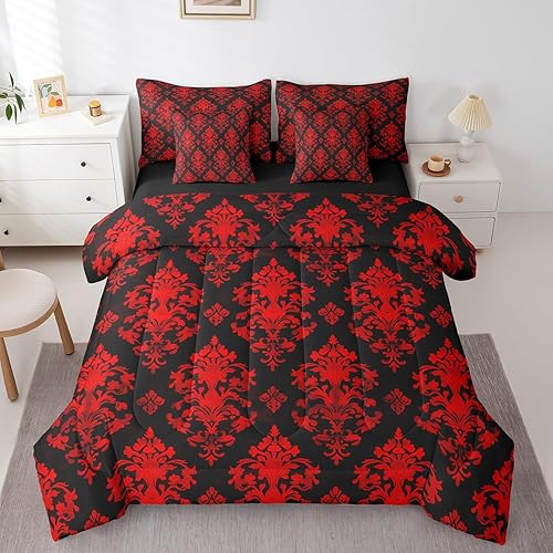 Erosebridal Red Damask 7 Piece Comforter Set with Sheets Bohemian Gothic Bedding