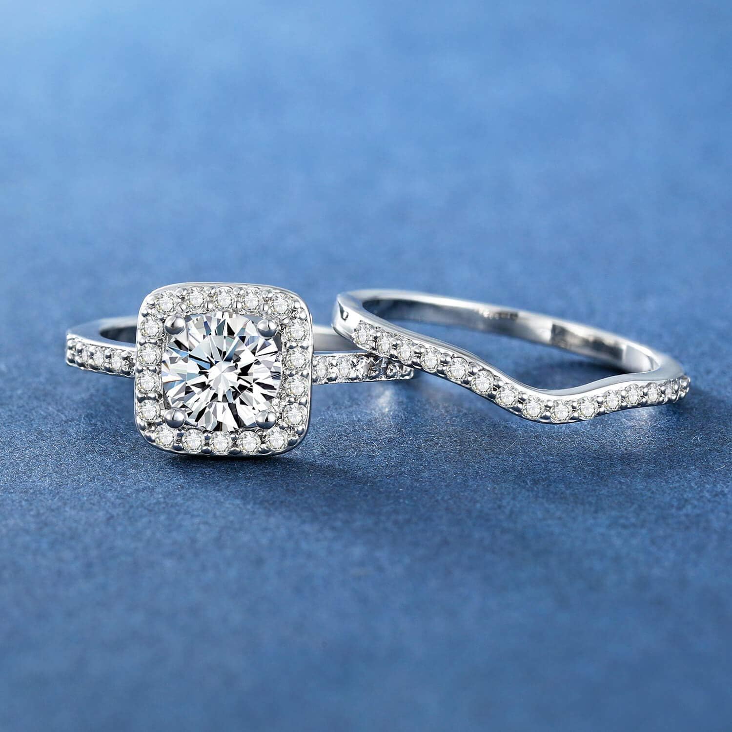 MDFUN 18K White Gold Plated Cubic Zirconia Two-in-One Halo Wedding Engagement Promise Eternity Ring for Women - Image 4