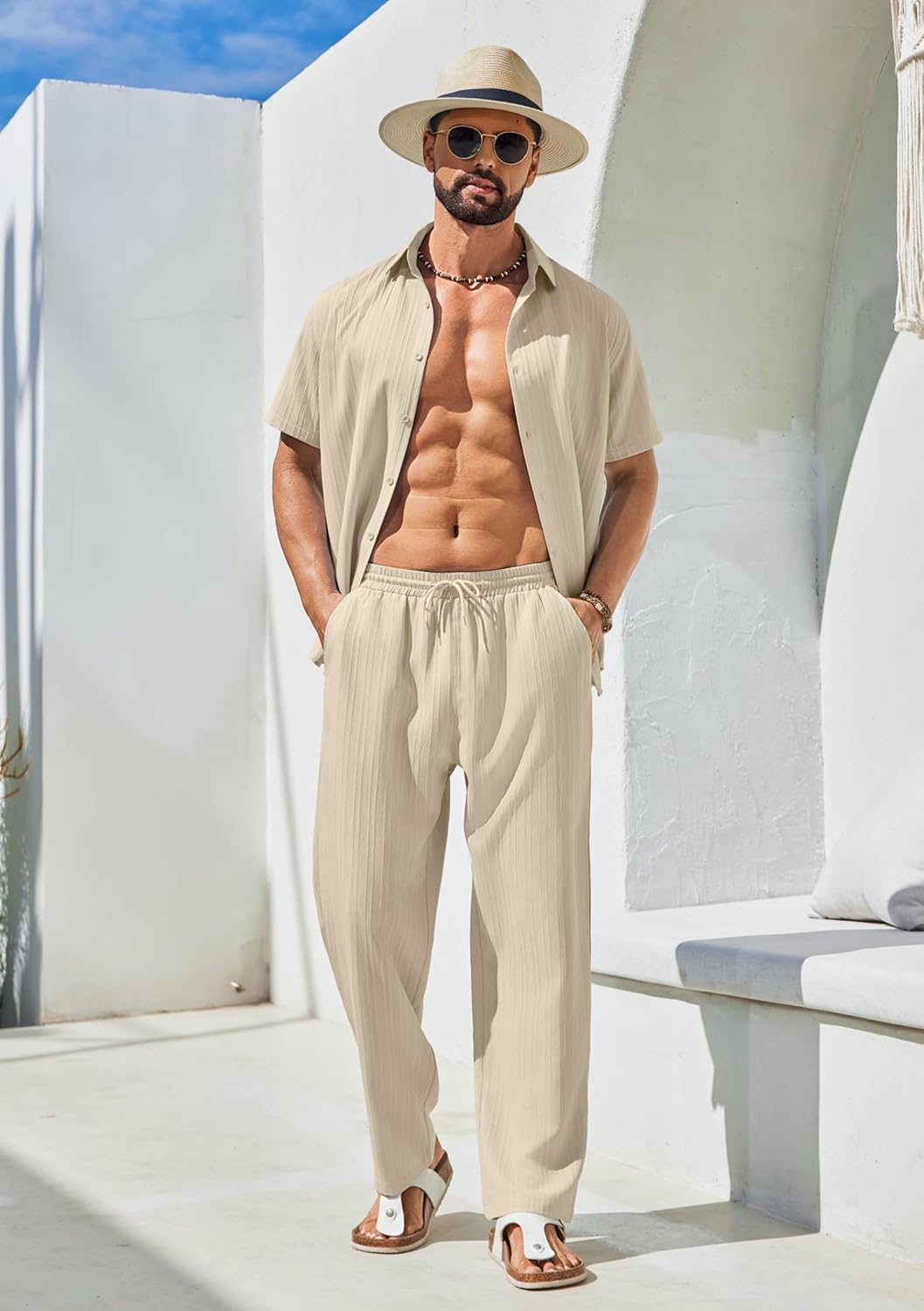 COOFANDY Mens 2 Piece Outfits Casual Summer Beach Textured Button Down Shirt Loose Pants Set - Image 3