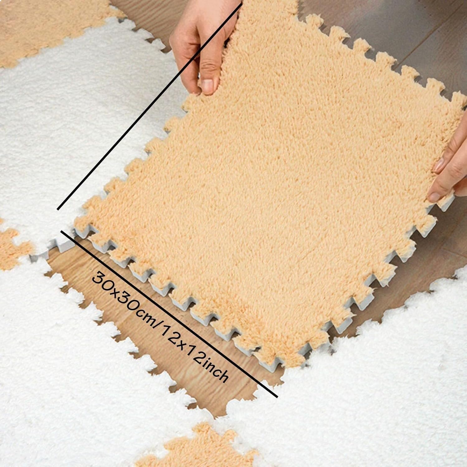 12pcs Interlocking Puzzle Rug Carpet, Square Fluffy Play Mat Plush Foam Floor Tiles, 12x12x0.4 in Soft Fuzzy Carpet Crawling Mat, Home Decoration(Black+White)