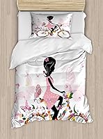 Vista 42 de Ambesonne Juego de funda de edredón color menta, líneas onduladas horizontales a rayas blancas abstractas de tonos suaves, exhibición de arte