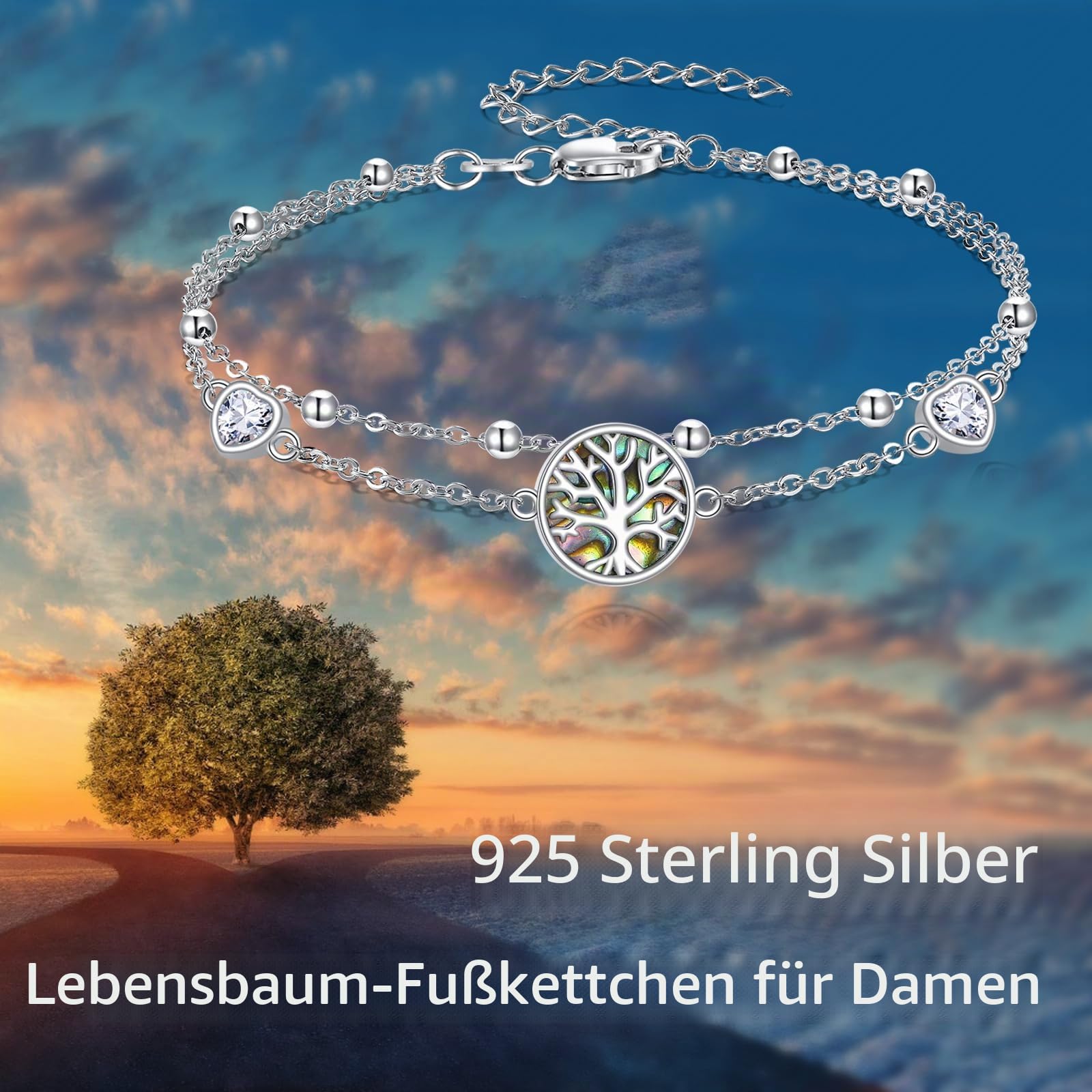 LONAGO 925 Sterling Silber Mehrlagiges Fußkettchen für Damen Verstellbares Mehrlagiges Strand Fußkettchen Armband