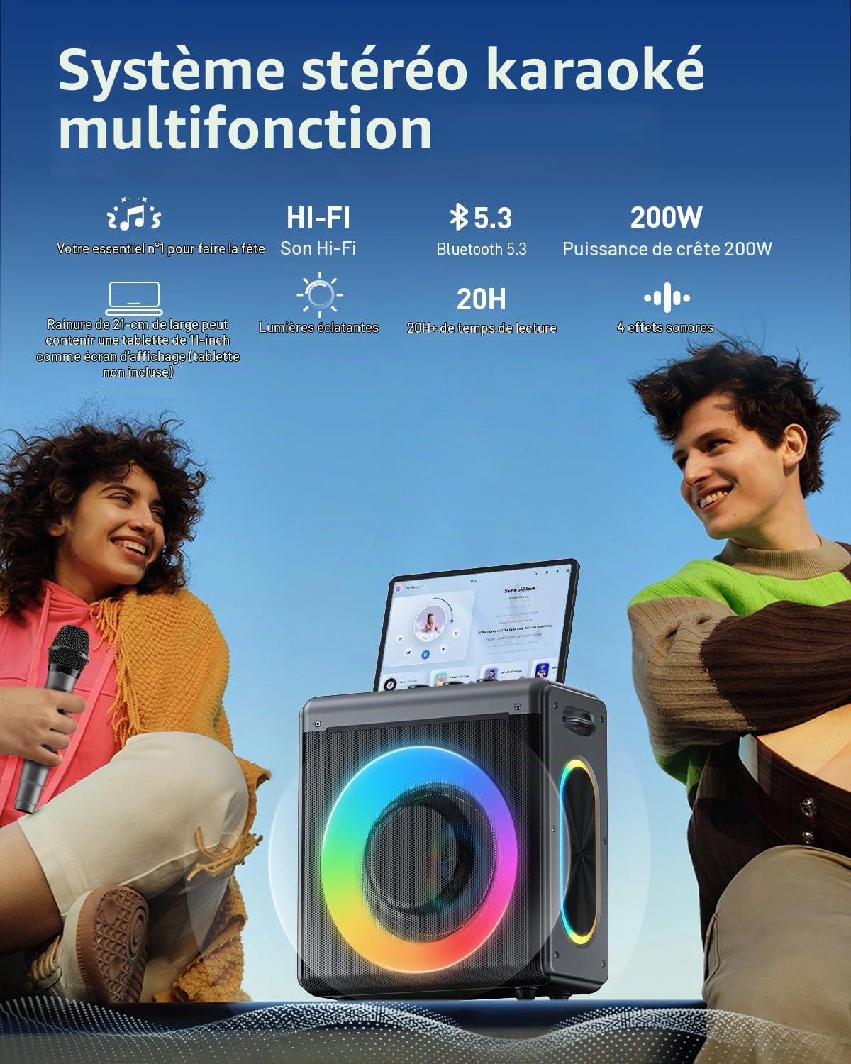 Machine de karaoké avec 2 microphones rechargeables - Enceinte Bluetooth portable pour adultes et enfants - Système PA avec effets de lumière, prend en charge TWS/carte TF/USB/AUX