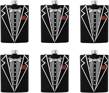 Gifts Infinity Set of 6 Groom, Bestman, Groomsman, Bachelor Party Stainless Steel Hip Black Tuxedo Flask 8oz