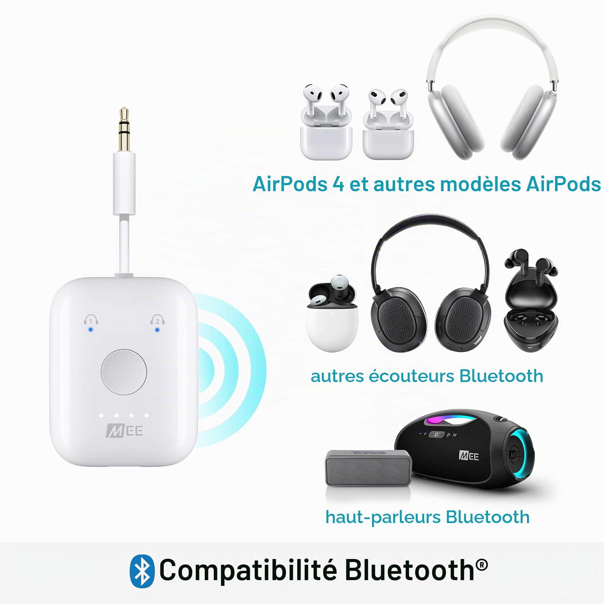 MEE audio Connect Air In-Flight Transmetteur audio sans fil Bluetooth pour jusqu'à 2 AirPod/autres casques
