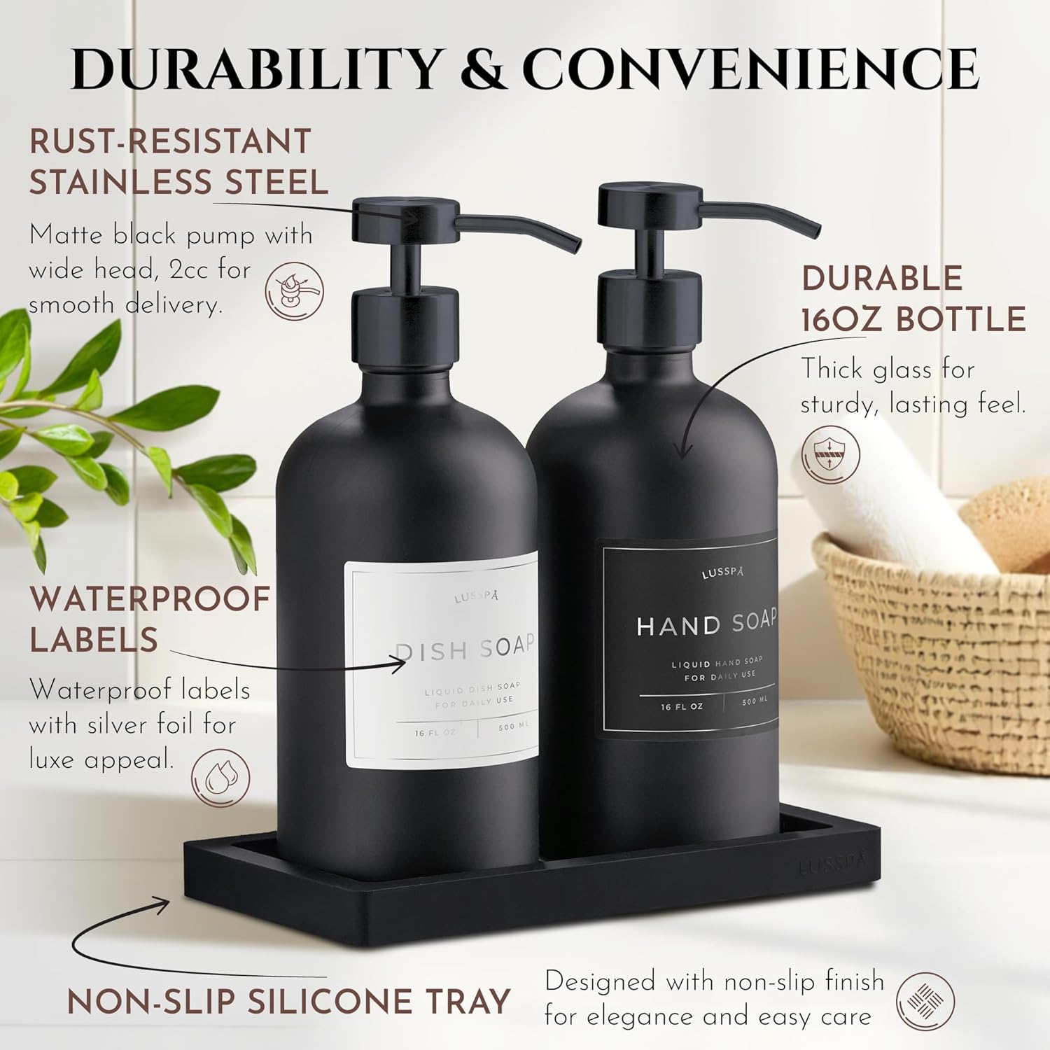 Glass Soap Dispenser Set of 2 (Black) with Silicone Tray | Hand and Dish Soap Dispenser for Kitchen and Bathroom | 16.8 Oz Glass Bottles with Stainless Steel Pump & 15 Waterproof Labels (Black) - Image 6
