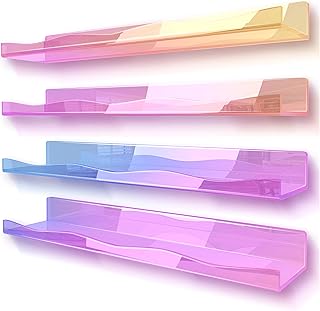 YMVV Large Iridescent Clear Acrylic Wall Mounted Floating Shelf,Room Wall Display Bookshelf,Modern 15.7 in Thickened Bathroom Storage Ledge Shelves Toy Display Organizer Decor 4 Pack