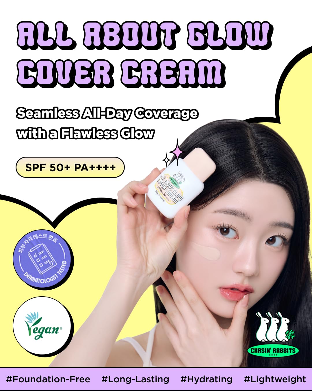 CHASIN' RABBITS All About Glow Cover Cream 1.23 Oz, Lightweight, Hydrating, Long-Lasting Radiance for a Flawless Glow, Smooth Skin Texture, Vegan, Korean Makeup - Image 2