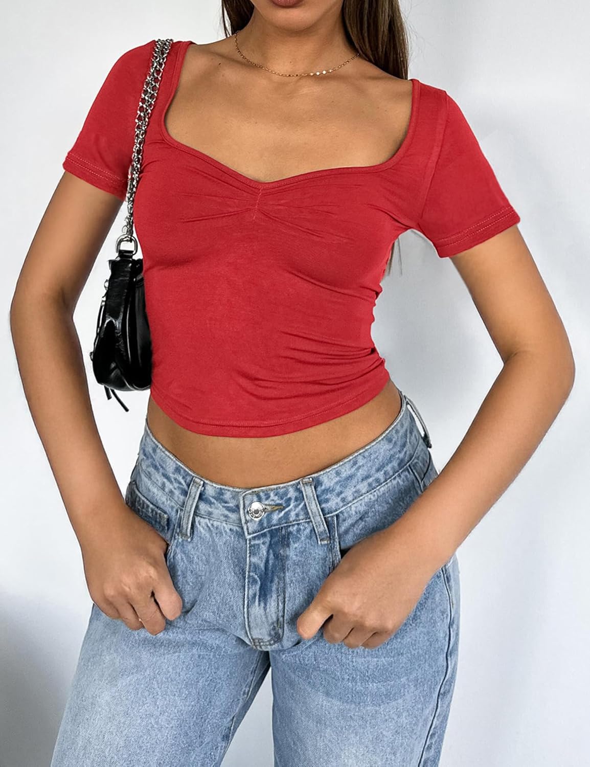 Women's Short Sleeve Going Out Crop Top Sexy Pleated Cute Shirt Sweetheart Neck Y2K Ruched Cropped Tops - Image 3
